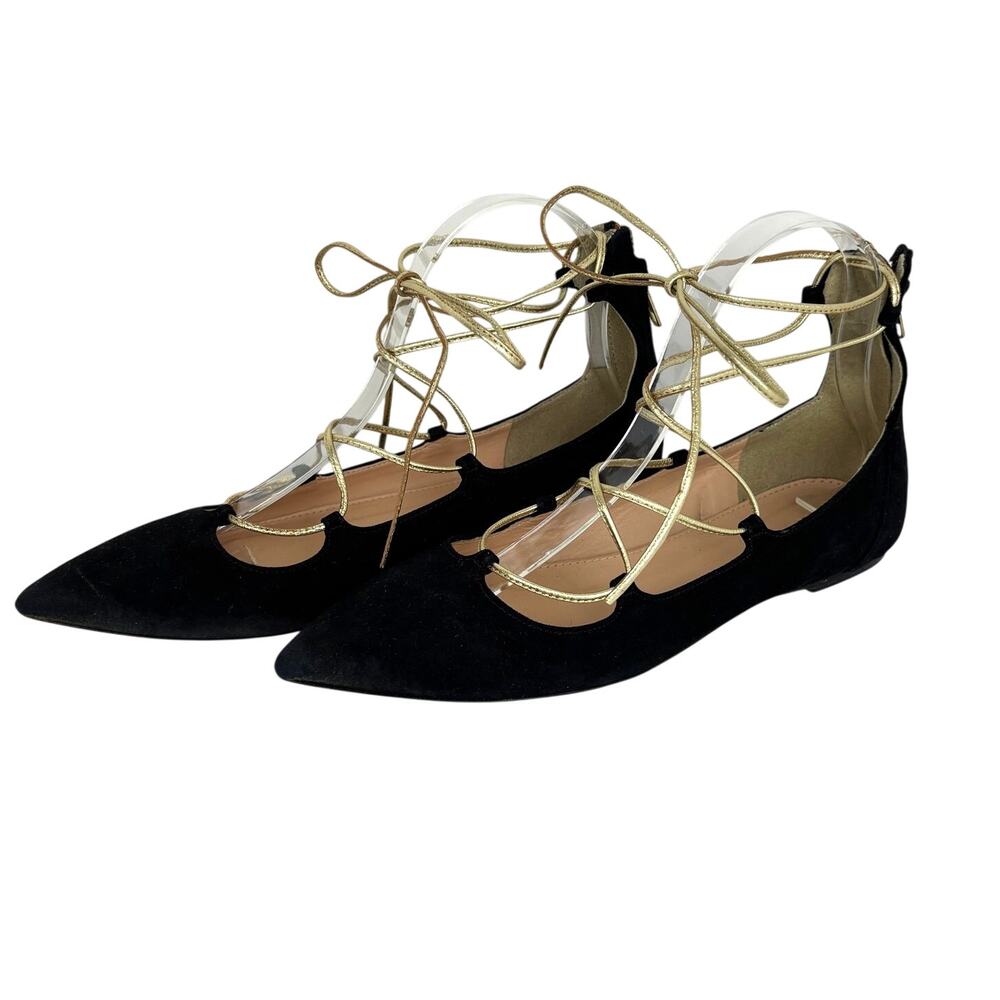 J.Crew Suede Lace-up Flats 7.5 Black Gold Leather Pointed Toe F7986